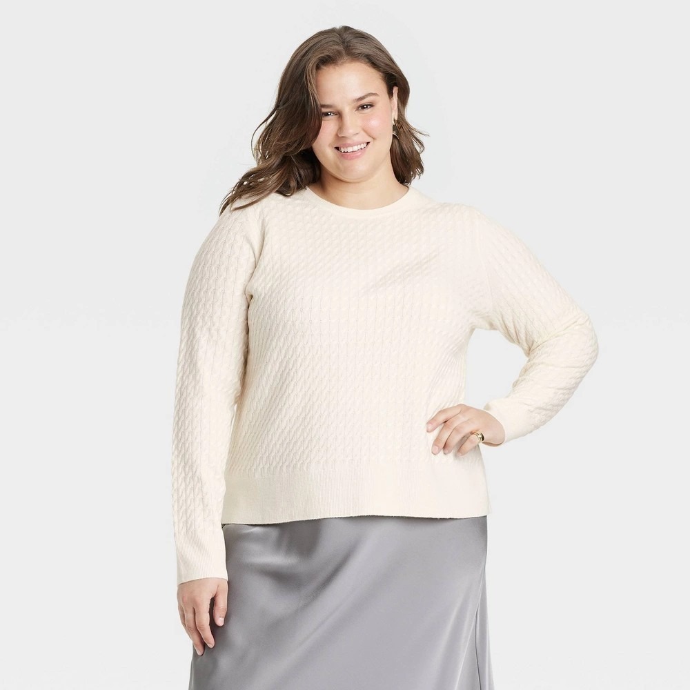 Women's Crewneck Cashfeel Pullover Sweater - a New Day™ Cream 2X